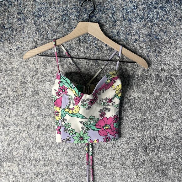 Zara Tops - Zara Floral Crop Top Womens Large Strappy Corset Lace Up Back Y2K